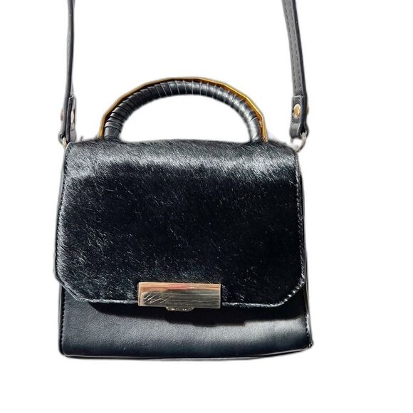 Women’s Black Mini Horse Hair Crossbody Metal Top Handle Bag